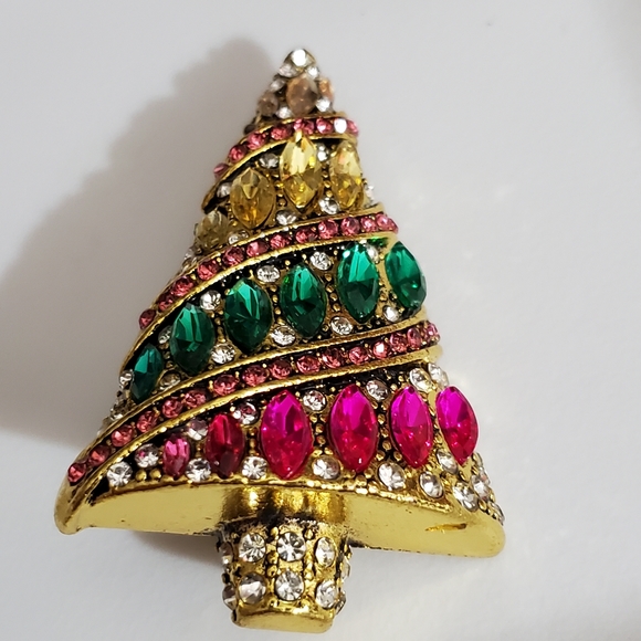 AMAZING Christmas tree brooch glass rhinestones marquis vintage style gold big - Picture 4 of 11